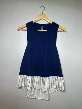 Anthropologie Navy Sleeveless Ruffle Hem Top with Striped Layer keyhole back. S